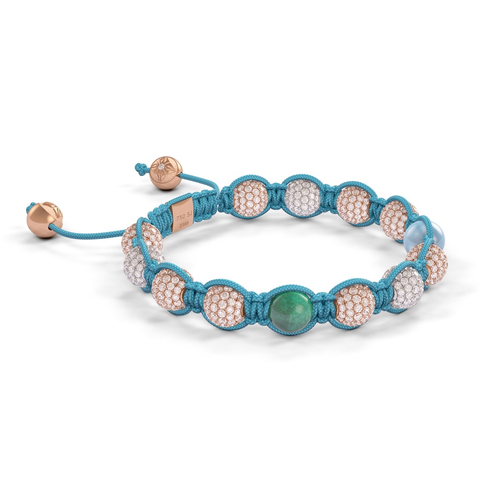 Shamballa Jewels Rose & White Gold White Diamond, Aquamarine & Emerald 8mm Braided Bracelet (Left View) - D243949