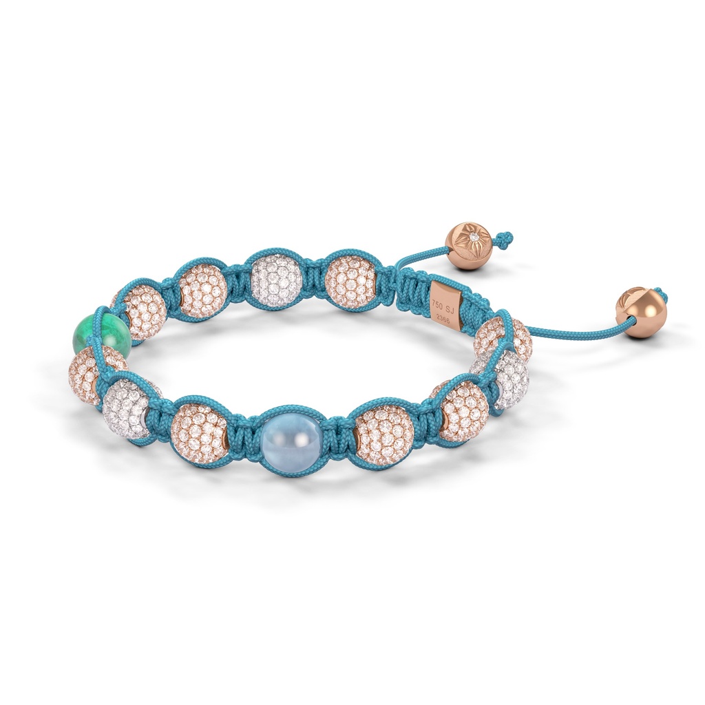 Shamballa Jewels Rose & White Gold White Diamond, Aquamarine & Emerald 8mm Braided Bracelet (Right View) - D243949