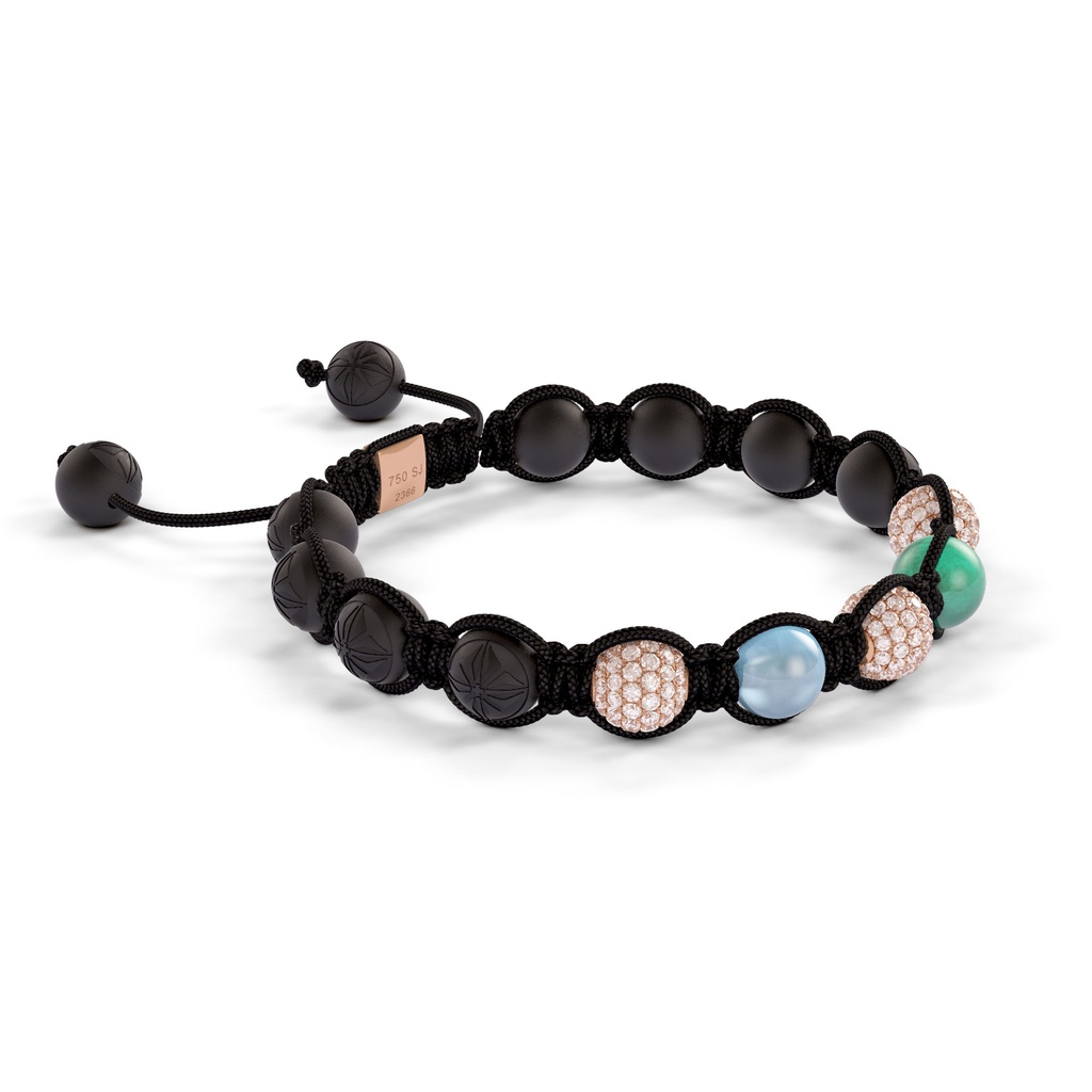 Shamballa Jewels Rose Gold White Diamond, Aquamarine & Emerald 8mm Braided Bracelet (Left View) - D243960