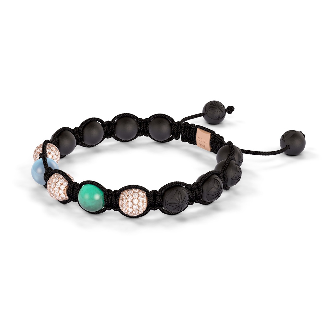 Shamballa Jewels Rose Gold White Diamond, Aquamarine & Emerald 8mm Braided Bracelet (Right View) - D243960