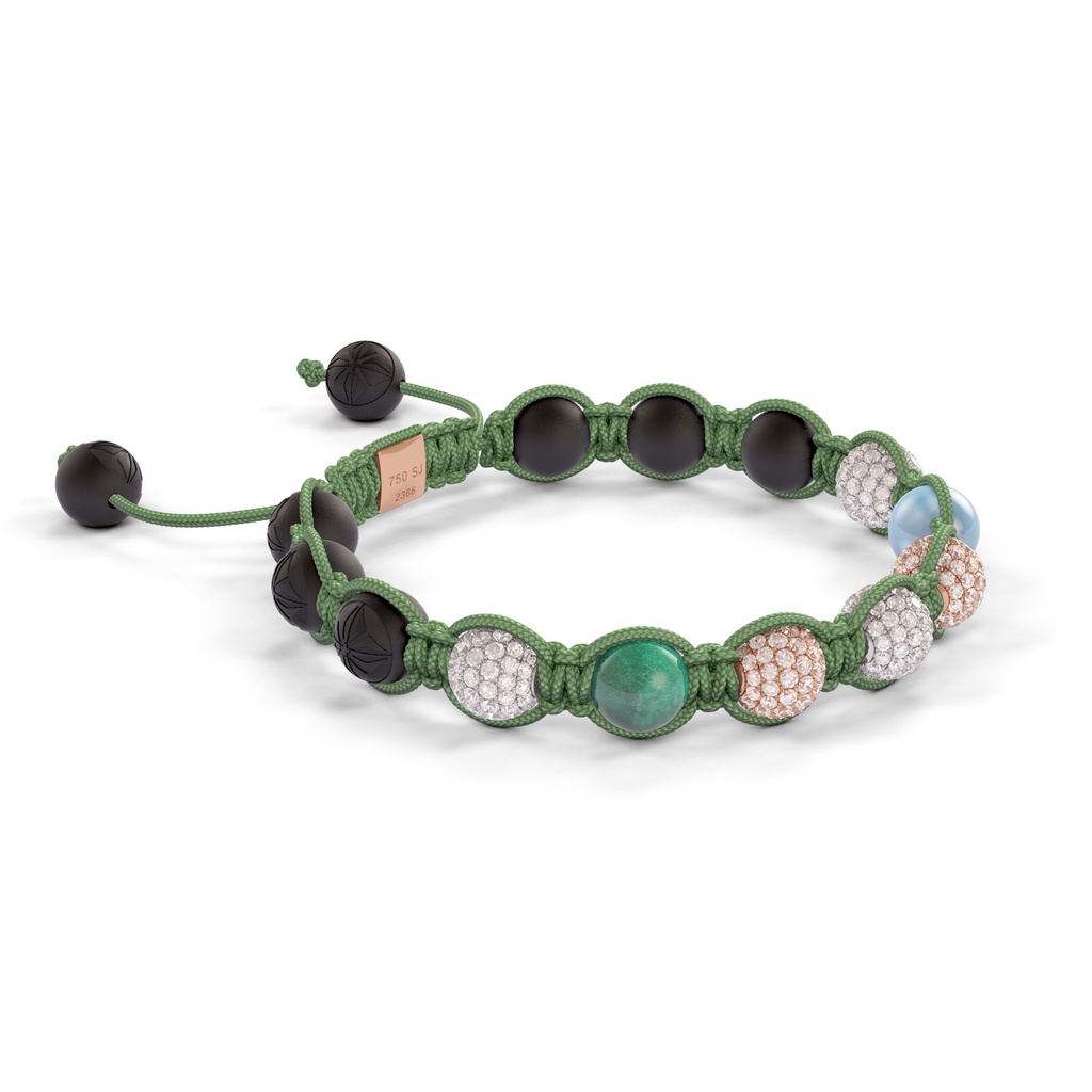 Shamballa Jewels Rose Gold White Diamond, Emerald & Aquamarine 8mm Braided Bracelet (Left View) - D243963