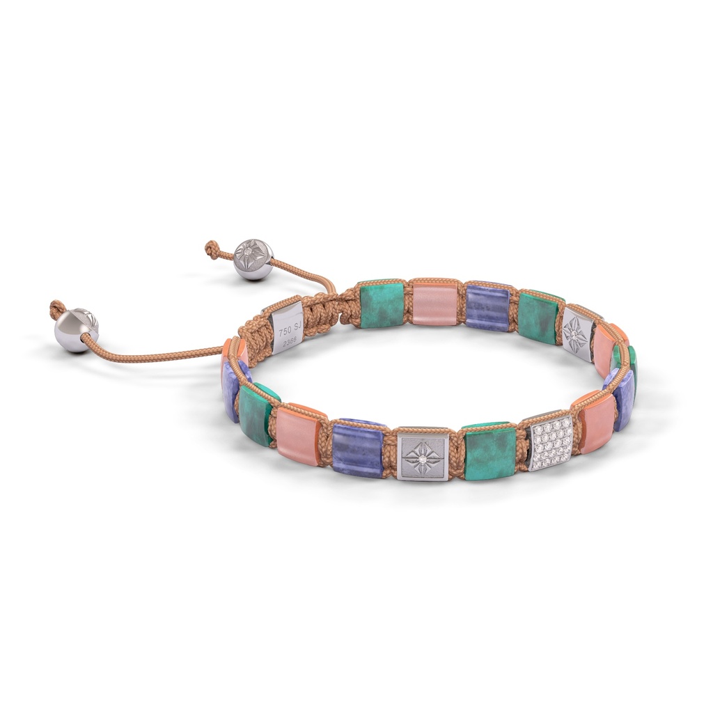Shamballa Jewels - White Gold White Diamond, Tanzanite, Turquoise & Peach Moonstone 6mm Lock Bracelet - - Frost Fratelli (Left View)