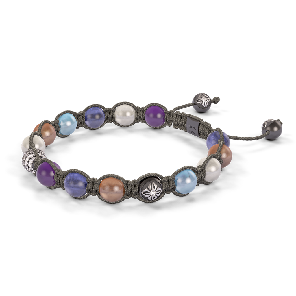 Shamballa Jewels - Black Gold & White Gold Tanzanite, Aquamarine, Malachite, Grey Moonstone, Amethyst, Brown Moonstone & Yellow Diamond 8mm Braided Bracelet - D253517 - Frost Fratelli
