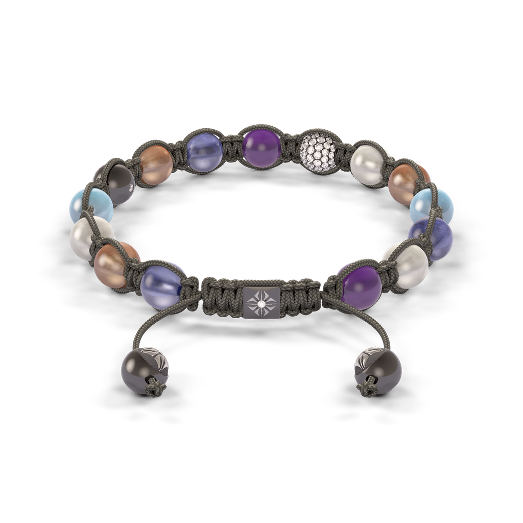 Shamballa Jewels - Black Gold & White Gold Tanzanite, Aquamarine, Malachite, Grey Moonstone, Amethyst, Brown Moonstone & Yellow Diamond 8mm Braided Bracelet - D253517 - Frost Fratelli #2