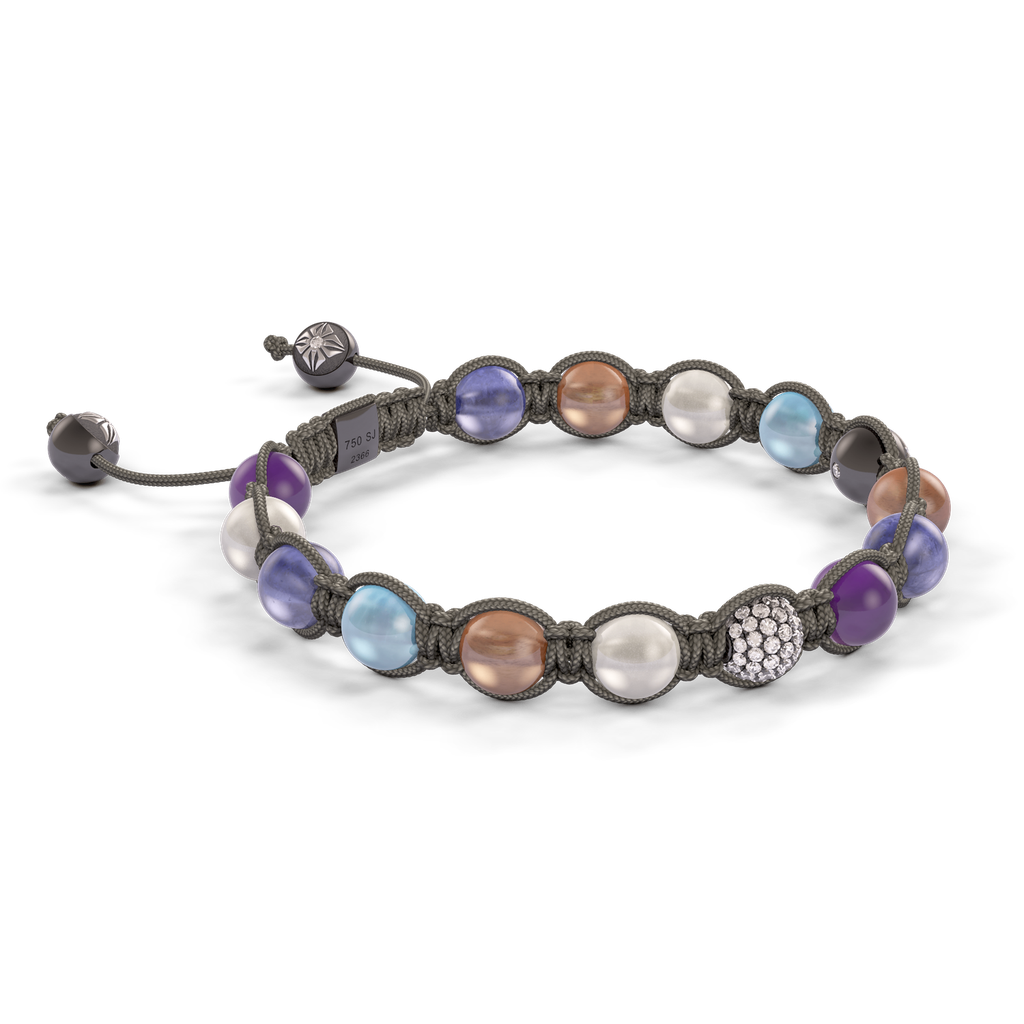 Shamballa Jewels - Black Gold & White Gold Tanzanite, Aquamarine, Malachite, Grey Moonstone, Amethyst, Brown Moonstone & Yellow Diamond 8mm Braided Bracelet - D253517 - Frost Fratelli #3