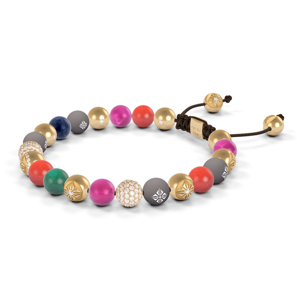 Shamballa Jewels - Yellow Gold White Diamond, Emerald, Coral, Pink Greenland Sapphire, Turquoise, Blue Sapphire & Yellow Opal 8mm Non-Braided Bracelet - D252551 - Frost Fratelli