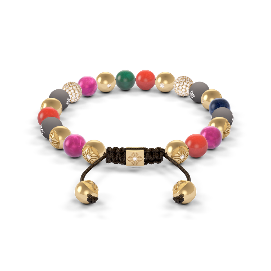 Shamballa Jewels - Yellow Gold White Diamond, Emerald, Coral, Pink Greenland Sapphire, Turquoise, Blue Sapphire & Yellow Opal 8mm Non-Braided Bracelet - D252551 - Frost Fratelli #2