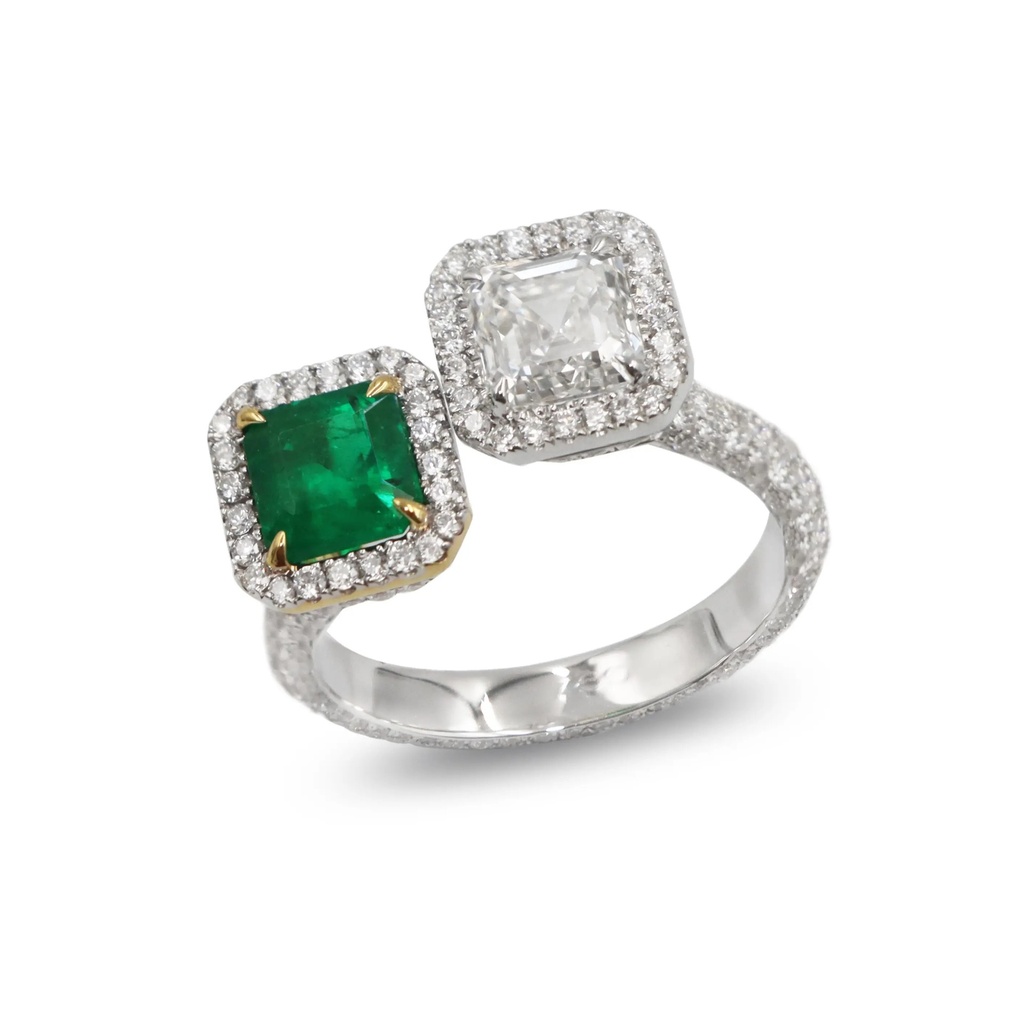 Frost Fratelli White Diamond & Emerald Double Stone Ring