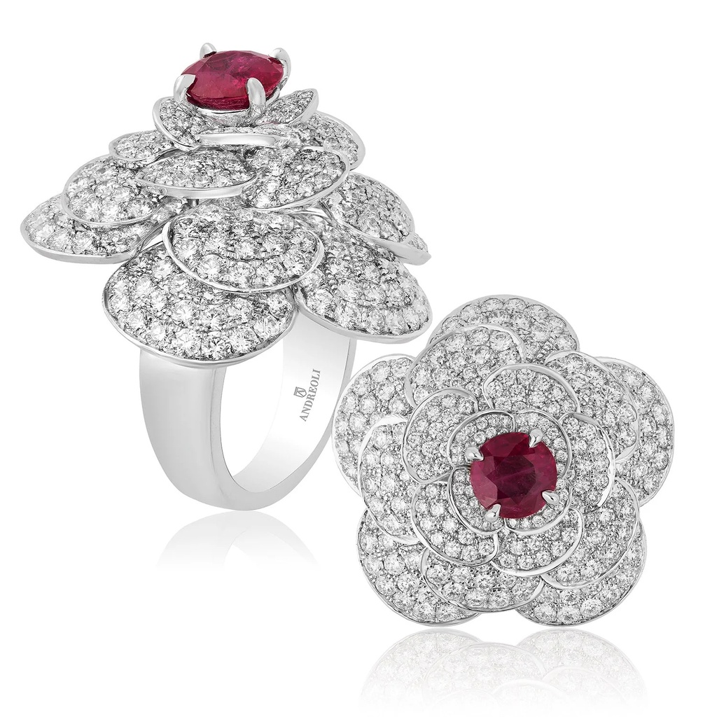 Andreoli White Gold Flora Diamond And Ruby Ring R-CDZ327 #2