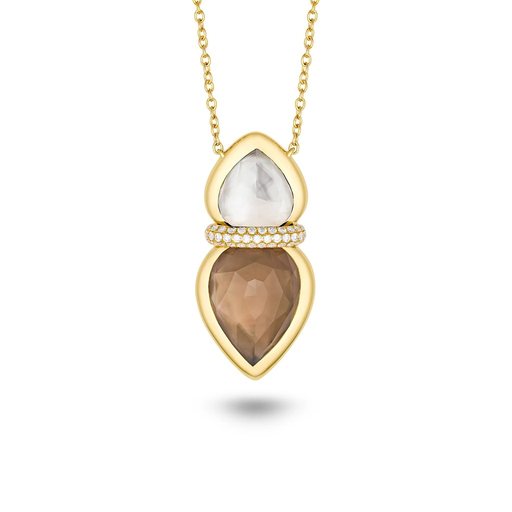 Marceline Amrita Lotus Duplet Necklace In Mother Of Pearl, White And Smokey Quartz Amrita Lotus Duplet Necklace In Mother Of Pearl, White And Smokey Quartz