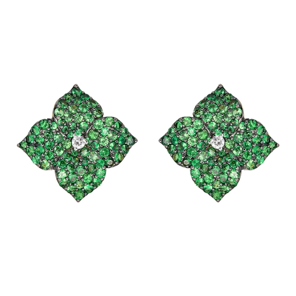 Piranesi Black Gold Fiore Large Flower Earrings - Tsavorite E4673-TSA/YG