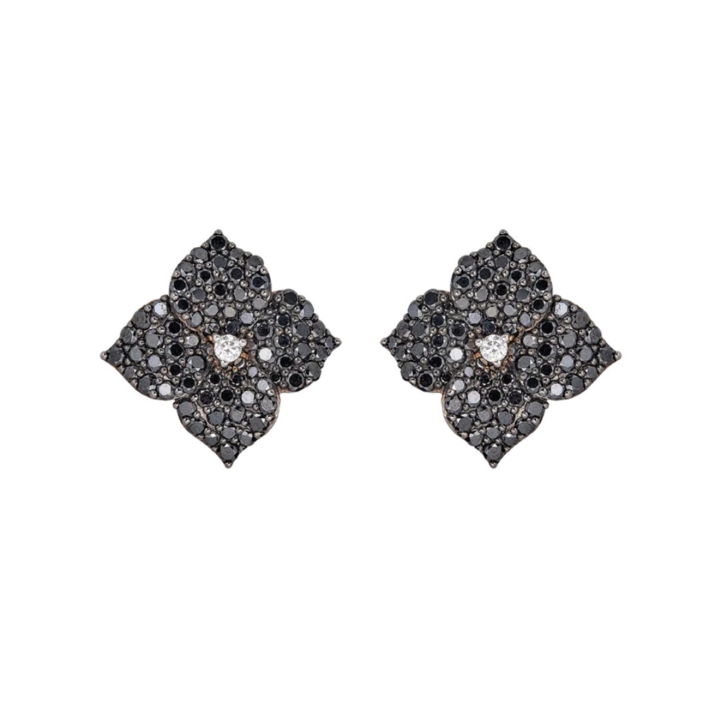 Piranesi Black Gold Fiore Small Flower Earrings - Black Diamond E4514-BD/RG