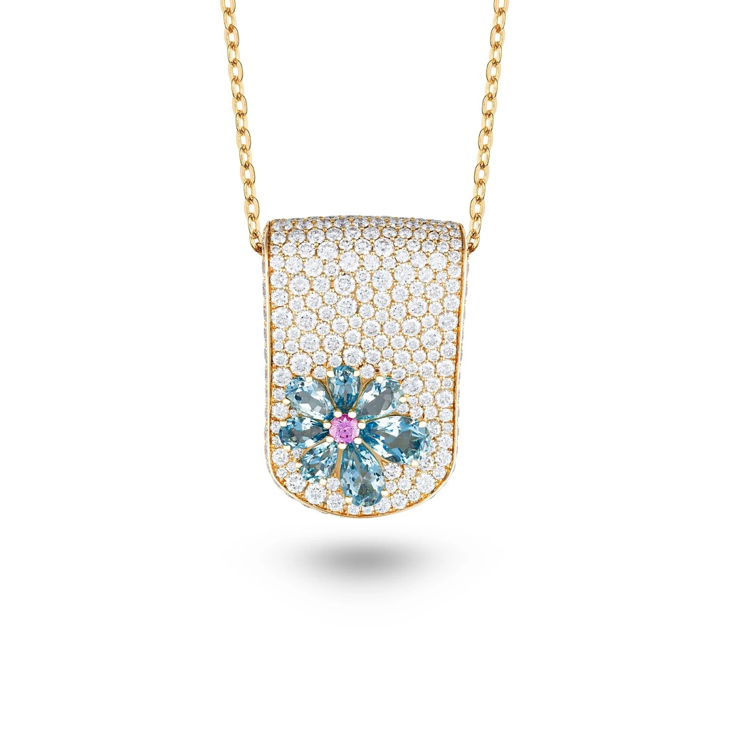 Marceline Eden Diamond Necklace With Aquamarine And Pink Sapphire Flower Eden Diamond Necklace With Aquamarine And Pink Sapphire Flower