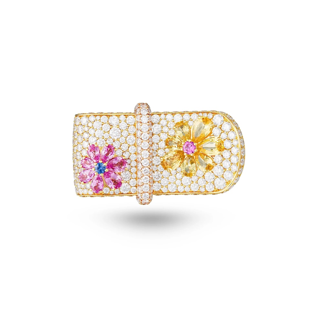 Marceline Large Eden Diamond Ring With Pink, Yellow And Blue Sapphire Flower Large Eden Diamond Ring With Pink, Yellow And Blue Sapphire Flower
