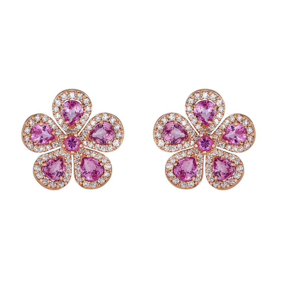 Piranesi Rose Gold Classic Flower Earrings - Pink Sapphire E5045-P