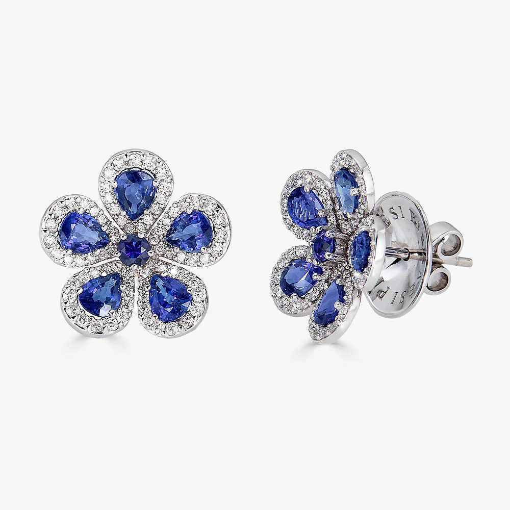 Piranesi White Gold Classic Flower Earrings - Blue Sapphire E5045-B #2