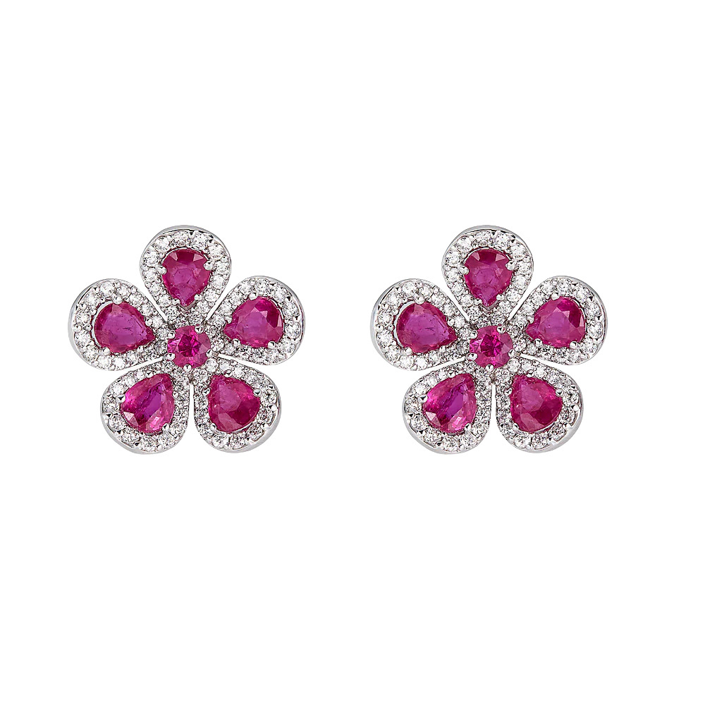 Piranesi White Gold Classic Flower Earrings - Ruby E5045-R