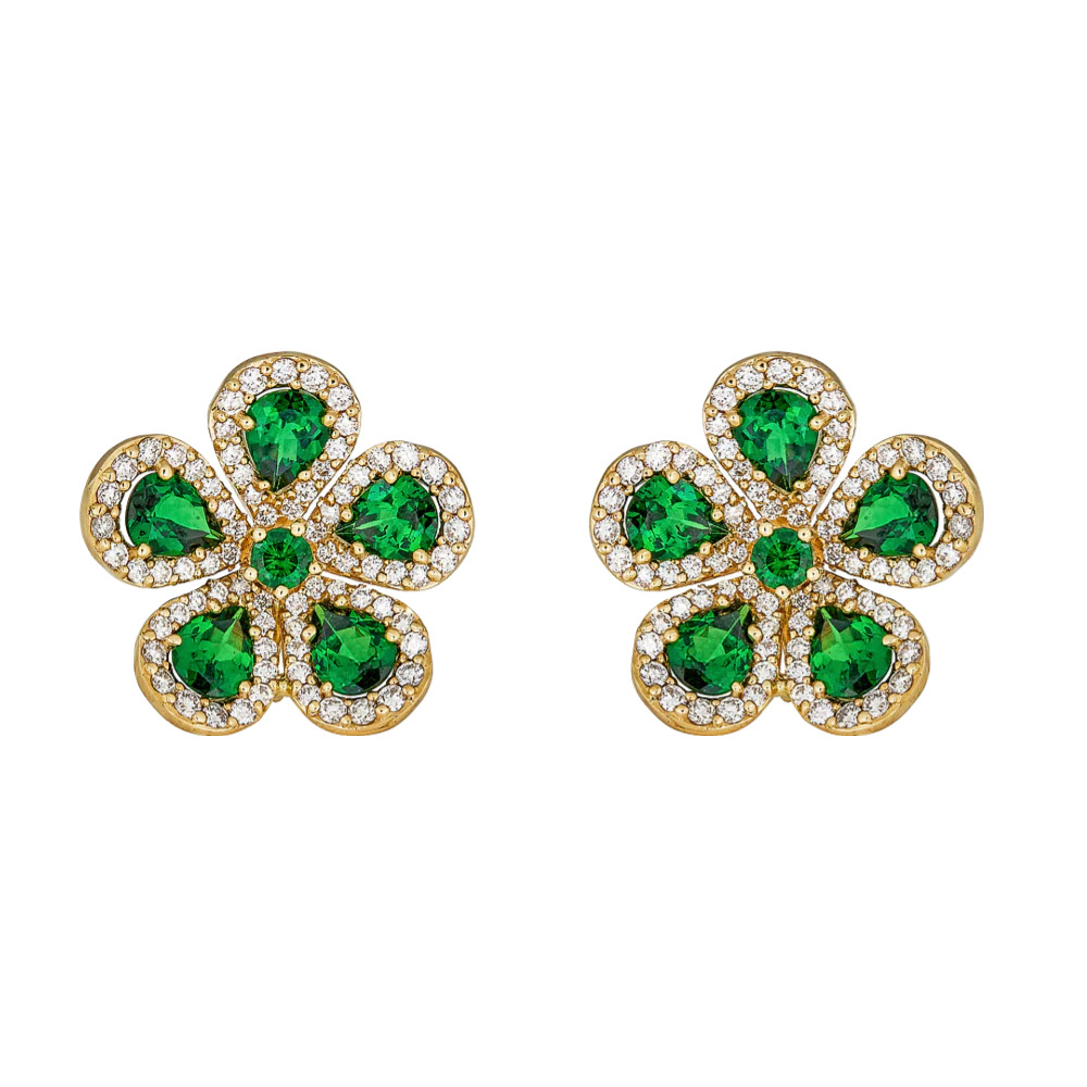 Piranesi Yellow Gold Classic Flower Earrings - Tsavorite E5045-TSA