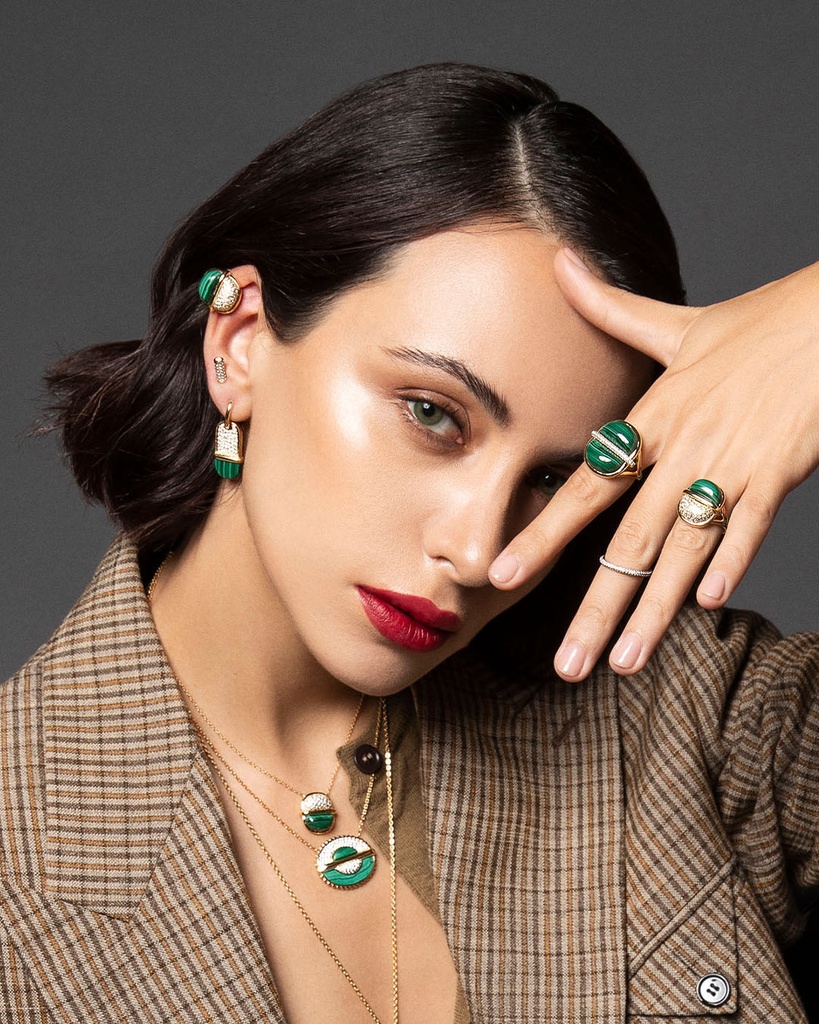 Amrita Small Round Necklace In Malachite With Diamonds #2
