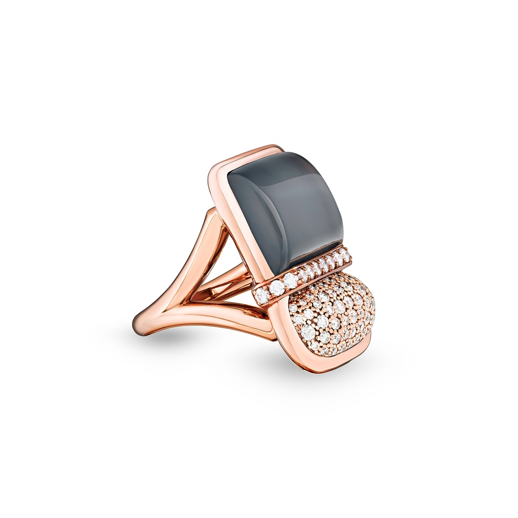 Amrita Square Duplet Ring In Hematite, Milky Quartz And Diamonds #3