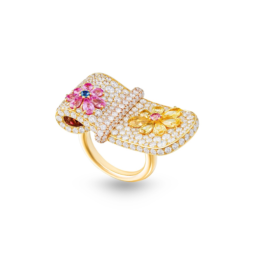 Large Eden Diamond Ring With Pink, Yellow And Blue Sapphire Flower #3