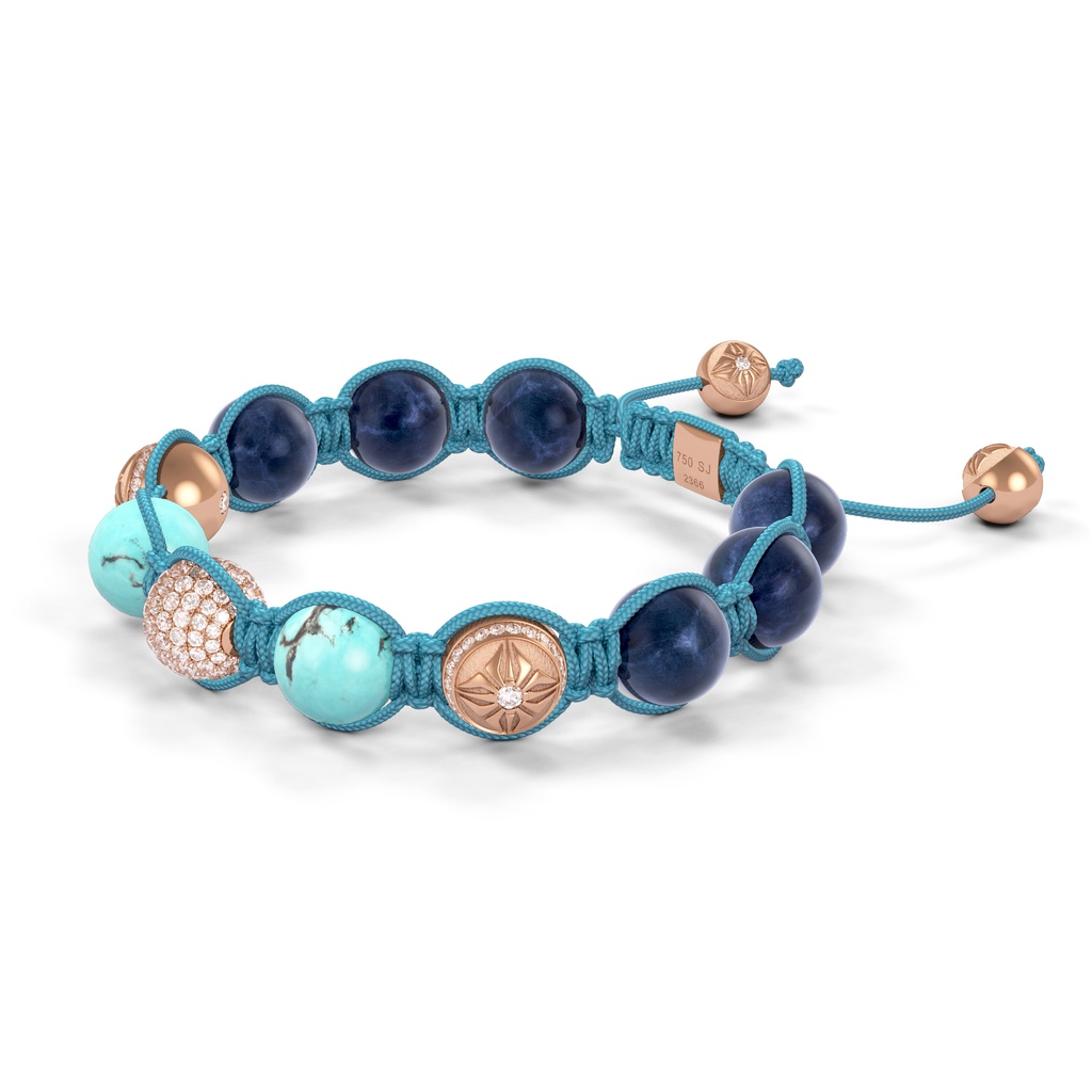 Shamballa Jewels Rose Gold, Diamond, Turquoise & Sapphire 10mm Bead Braided Bracelet (Right View)