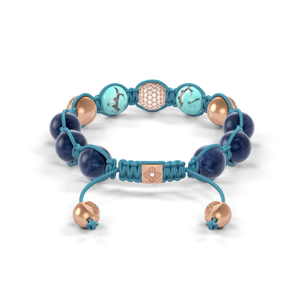 Shamballa Jewels Rose Gold, Diamond, Turquoise & Sapphire 10mm Bead Braided Bracelet (Back View)