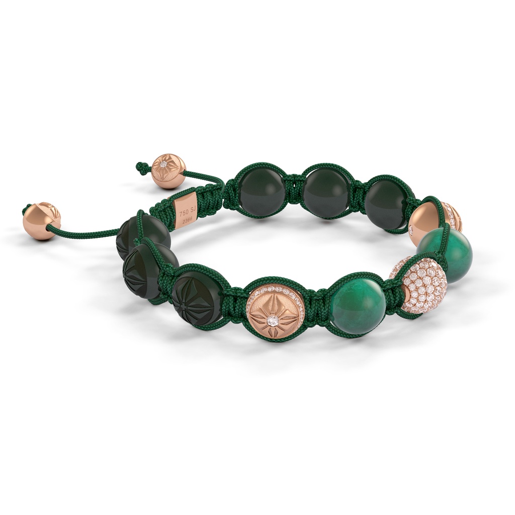 Shamballa Jewels Rose Gold Pave Diamond, Emerald & Ceramic 10mm Bead Braided Bracelet (Left View)
