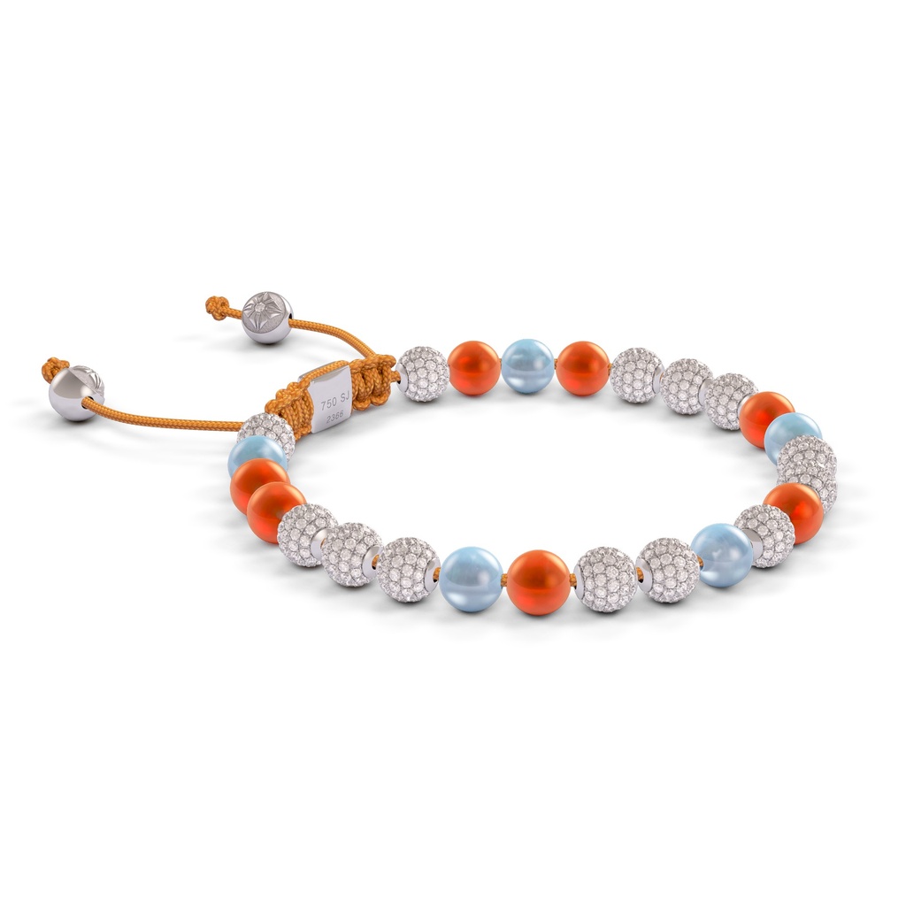 Shamballa Jewels 6mm White Gold Non-Braided Diamond, Carnelian & Aqua Bracelet (Left View)