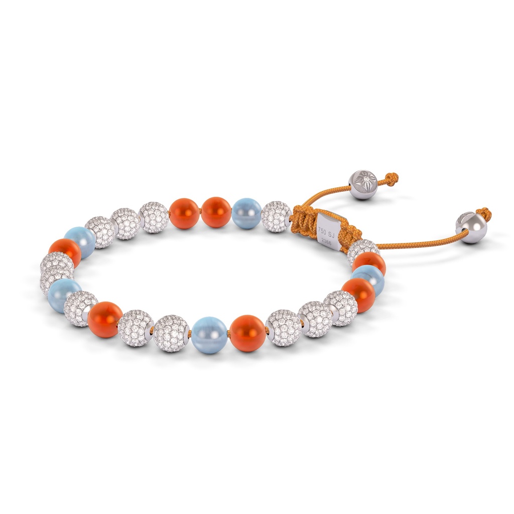 Shamballa Jewels 6mm White Gold Non-Braided Diamond, Carnelian & Aqua Bracelet (Right View)