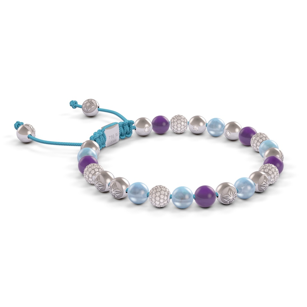 Shamballa Jewels 6mm White Gold Non-Braided Diamond, Amethyst & Aqua Bracelet (Left View)