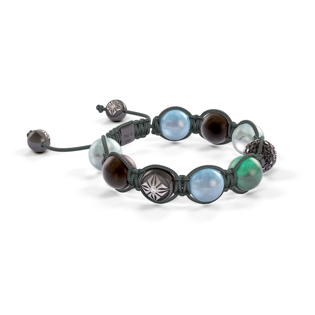 Shamballa Jewels Black Gold, Mixed Sapphire, Aqua, Emerald & Ebony 10mm Shamballa Braided Bracelet (Left View) - D196503
