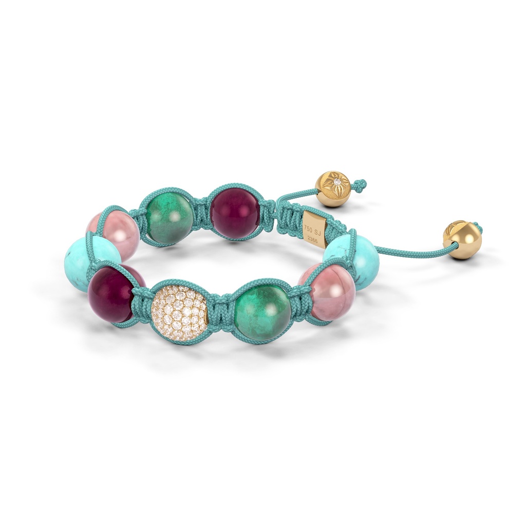 Shamballa Jewels Yellow Gold, Emerald, Sapphire, Ruby & Turquoise 10mm Shamballa Braided Bracelet (Right View) - D190976