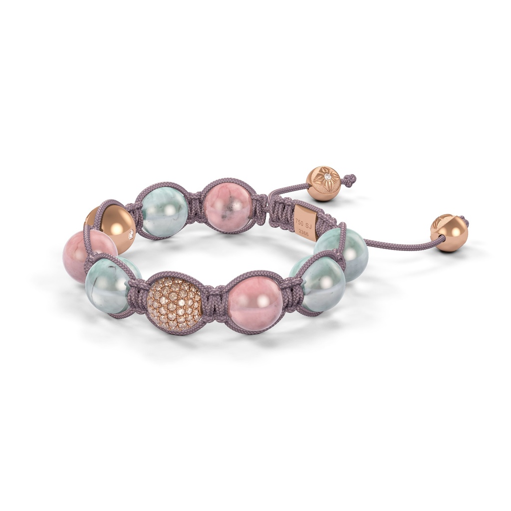 Shamballa Jewels Rose Gold, Diamonds, Pink & Green Sapphire 10mm Shamballa Braided Bracelet (Right View) - D190904