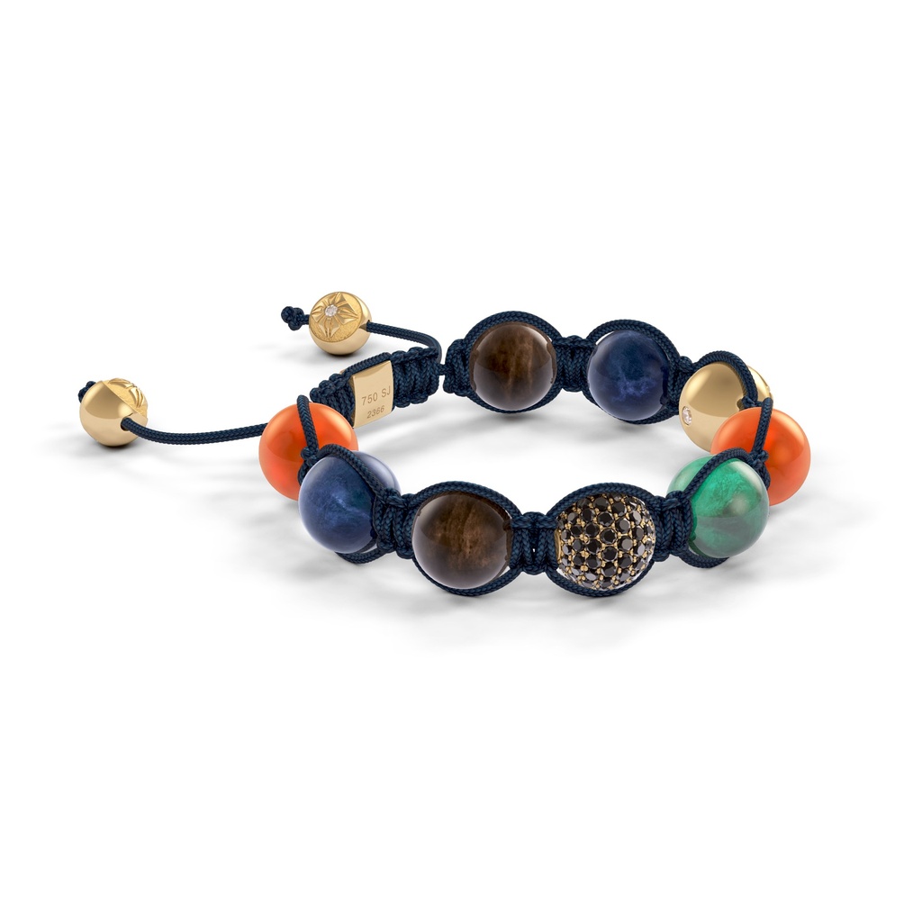 Shamballa Jewels Yellow Gold, Black Diamonds, Emerald, Blue Sapphire & Carnelian 10mm Shamballa Braided Bracelet (Left View) - D191282