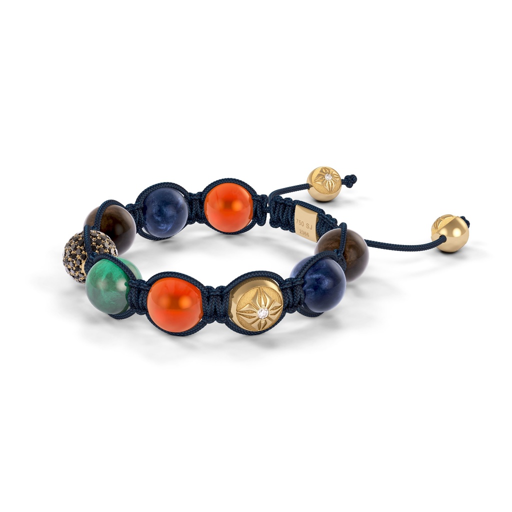 Shamballa Jewels Yellow Gold, Black Diamonds, Emerald, Blue Sapphire & Carnelian 10mm Shamballa Braided Bracelet (Right View) - D191282