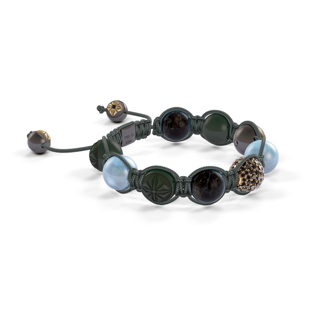 Shamballa Jewels Yellow & Black Gold, Black Diamonds, Aqua & Jade 10mm Shamballa Braided Bracelet (Left View) - D186860