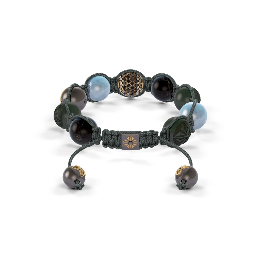 Shamballa Jewels Yellow & Black Gold, Black Diamonds, Aqua & Jade 10mm Shamballa Braided Bracelet (Back View) - D186860