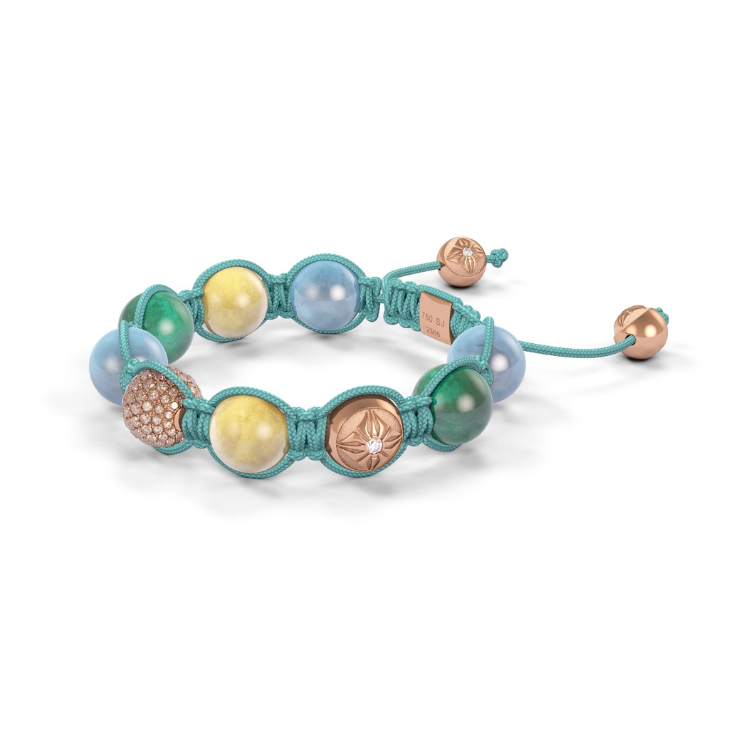 Shamballa Jewels Rose Gold, Champagne Diamonds, Aqua, Emerald & Yellow Sapphire 10mm Shamballa Braided Bracelet (Right View) - D186783
