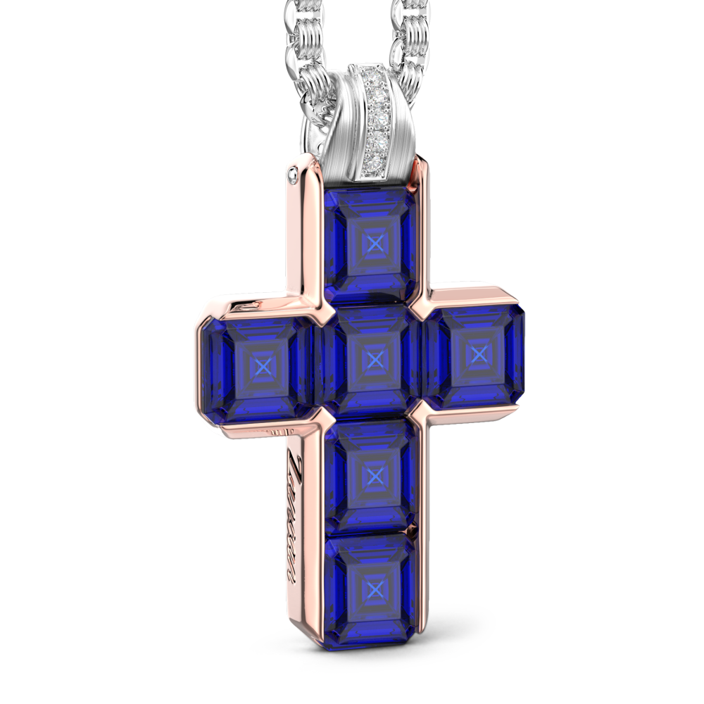Zancan 18k gold cross pendant necklace with blue sapphires. #2
