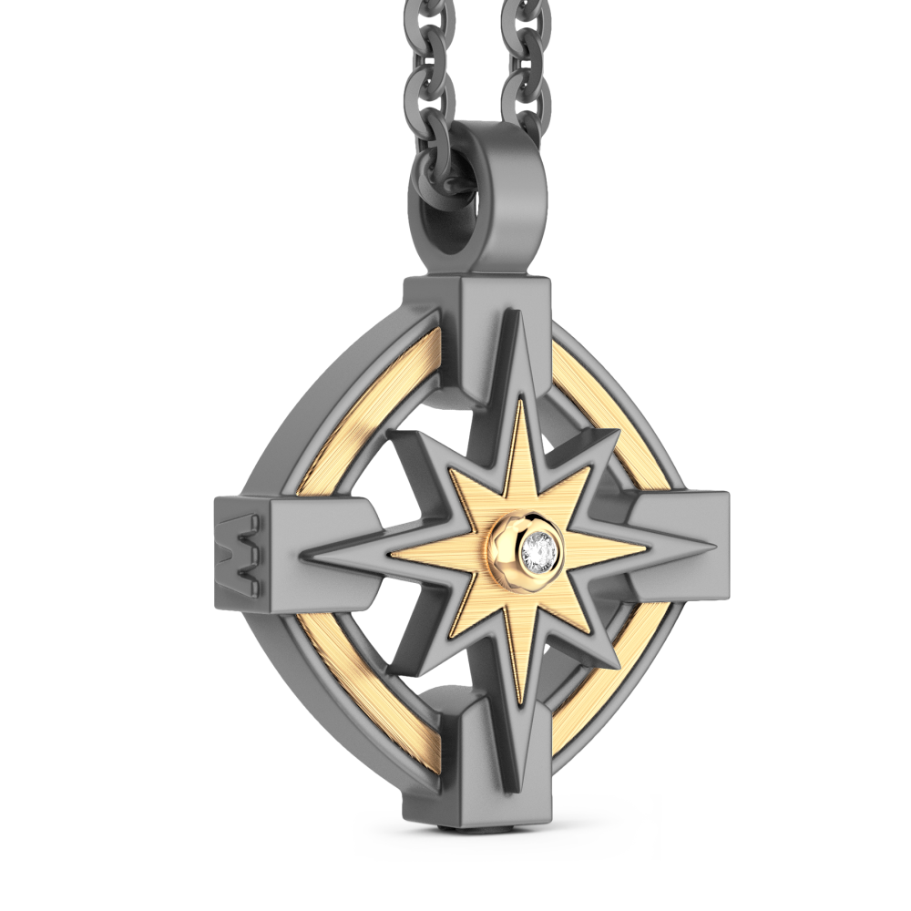Zancan necklace in titanium and 18kt gold with wind rose and diamond. #2