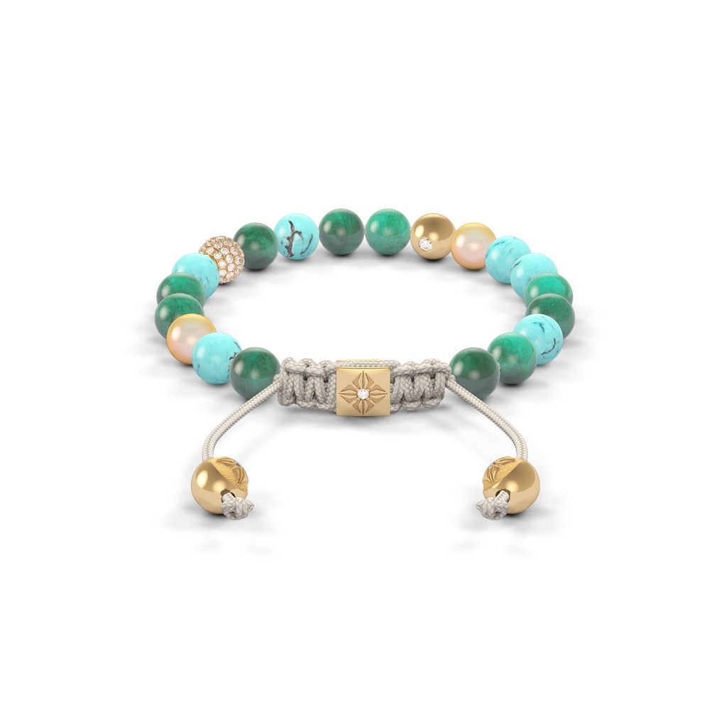 Shamballa Jewels Yellow Gold Diamond, Emerald, Turquoise & Pearl 6mm Non-Braided Shamballa Bracelet (Back View) - D142727