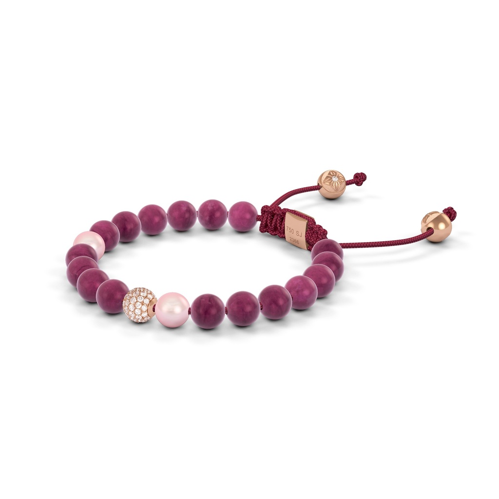 Shamballa Jewels Rose Gold Diamond Ruby & Pearl 6mm Non-Braided Shamballa Bracelet (Right View) - D143034