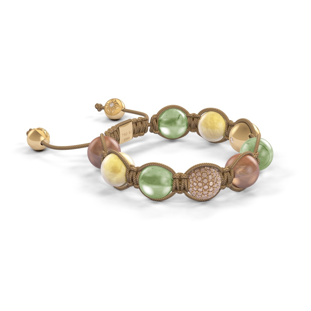 Shamballa Jewels Yellow Gold Champagne Diamond, Green Sapphire, Yellow Sapphire & Brown Moonstone 10mm Braided Bracelet (Left View) - D227034
