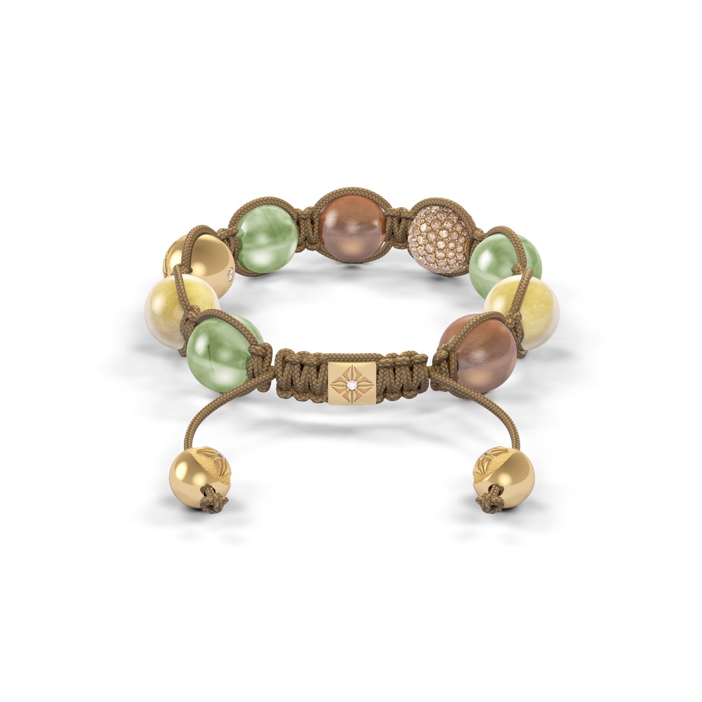 Shamballa Jewels Yellow Gold Champagne Diamond, Green Sapphire, Yellow Sapphire & Brown Moonstone 10mm Braided Bracelet (Back View) - D227034