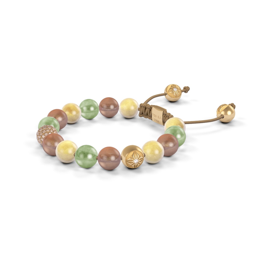 Shamballa Jewels Yellow Gold Yellow Sapphire, Green Sapphire, Champagne Diamond & Brown Moonstone 8mm Non-Braided Bracelet (Right View) - D225870