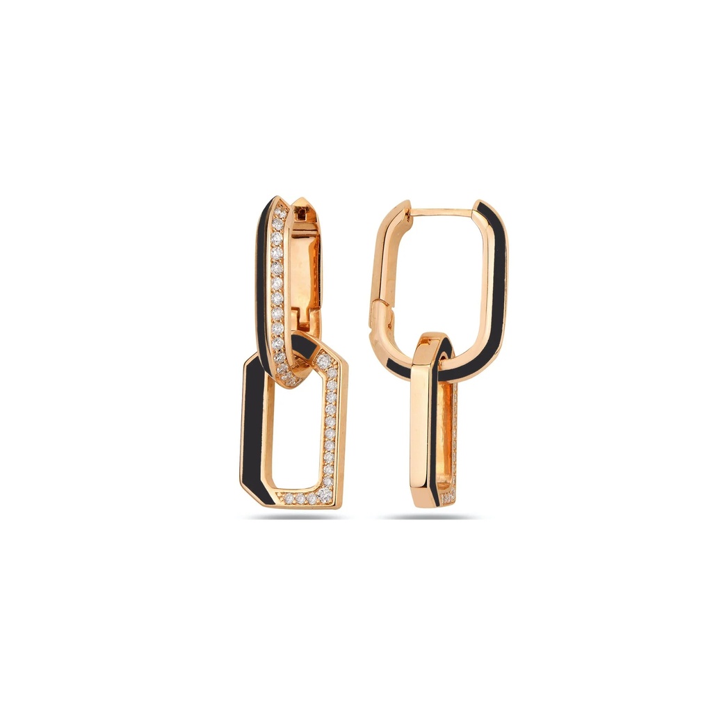 Rose Gold Flow Chain Earrings - Black Enamel