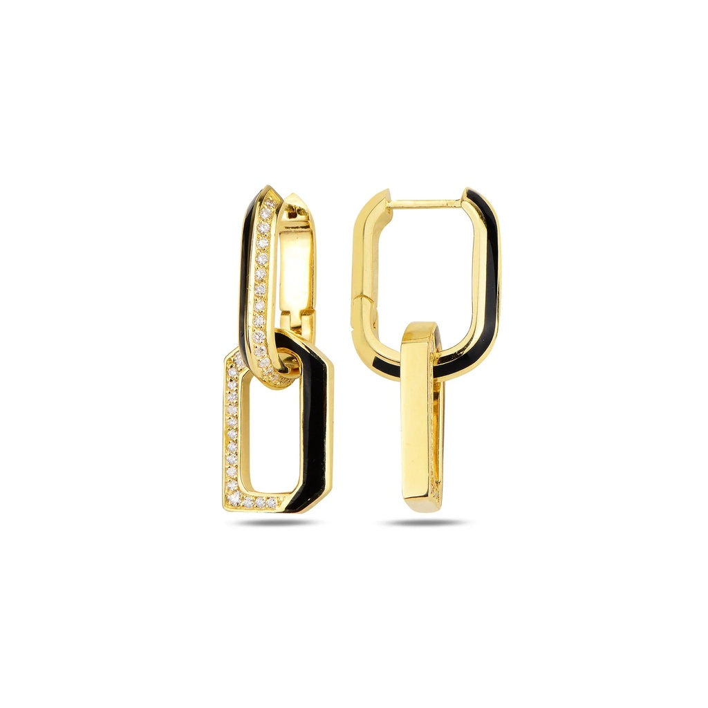 Rose Gold Flow Chain Earrings - Black Enamel