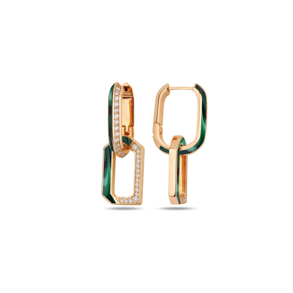 Rose Gold Flow Chain Earrings - Green Mother of Pearl Enamel