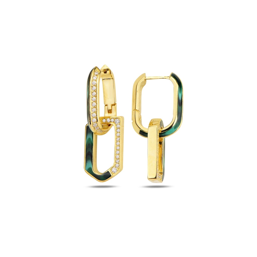 Rose Gold Flow Chain Earrings - Green Mother of Pearl Enamel